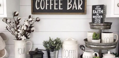Farmhouse Coffee Bar-Coffee Station Ideas For Small Spaces