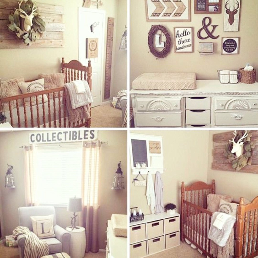 Photo Wall Ideas - Beautiful farmhouse nursery in this rustic country home.  LOVE the accent walls and gallery wall!