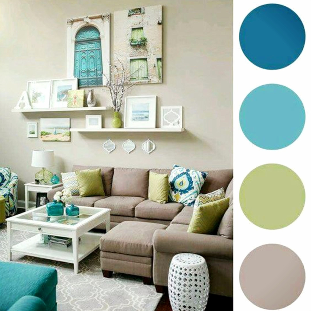 Gorgeous gallery wall idea with pops of color and floating shelves in this neutral living room 