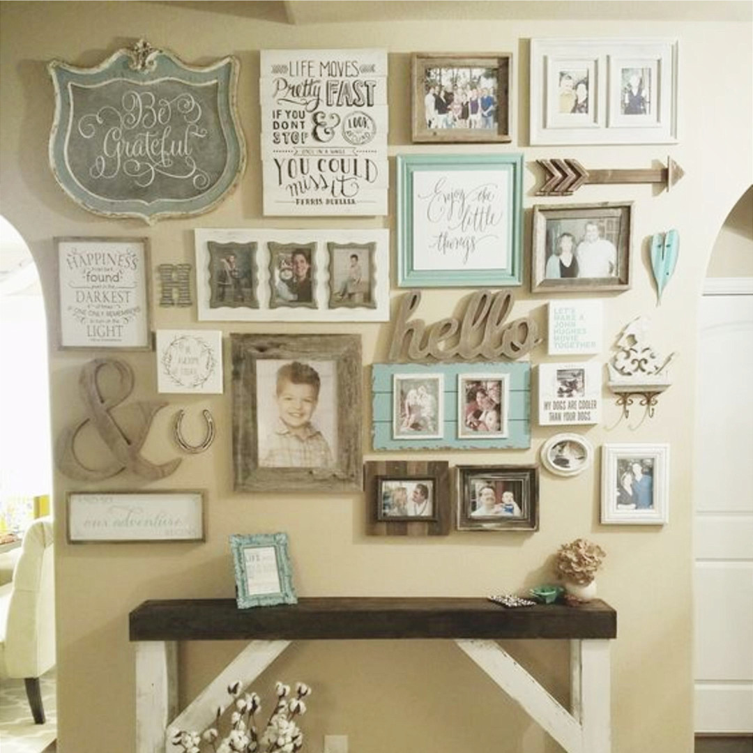 Gallery Wall ideas - Love this shabby chic gallery wall in this farmhouse style home