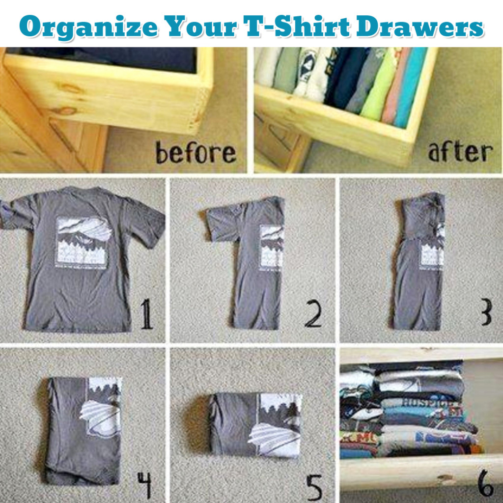 Bedroom organization ideas - how to fold shirts for more room - Getting Organized - 50+ Easy DIY organization Ideas To Help Get Organized #getorganized #gettingorganized #organizationideasforthehome #diyhomedecor #organizingideas #cleaninghacks #lifehacks #diyideas