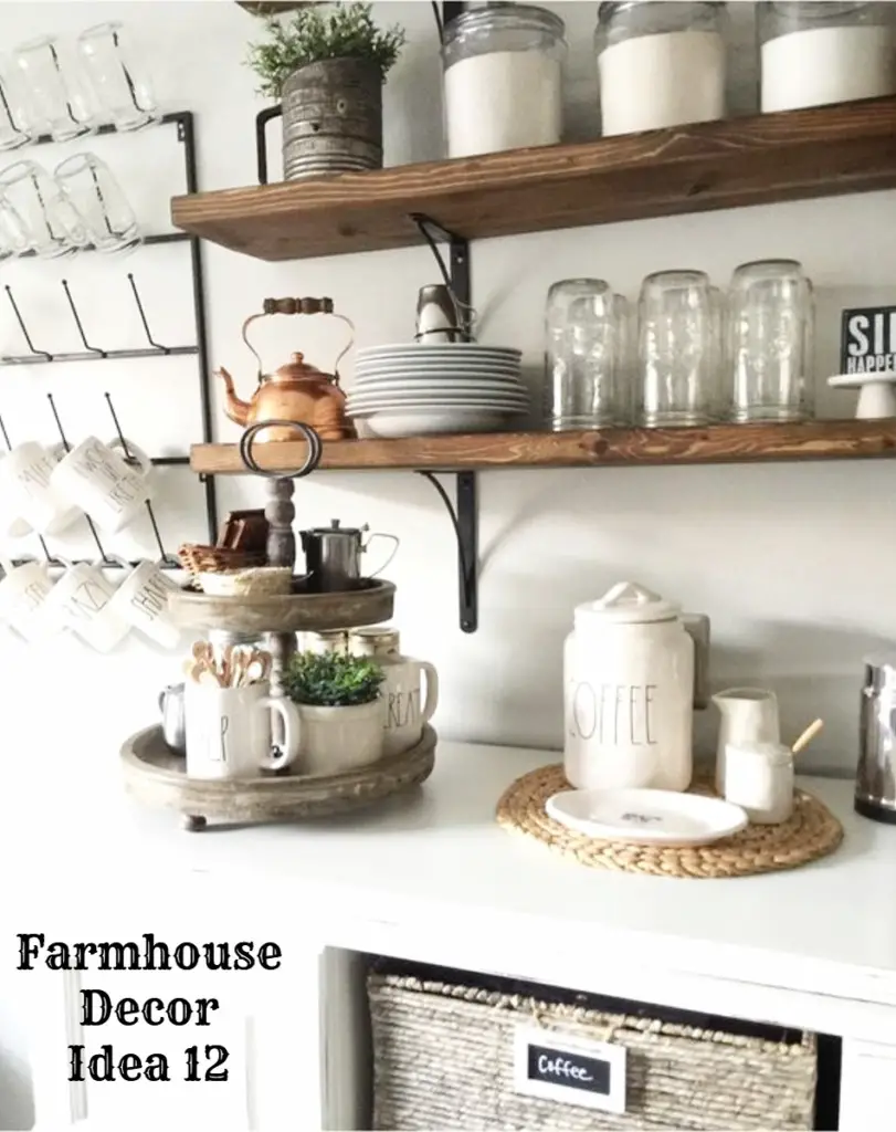 Farmhouse coffee bar on the counter with rustic DIY shelves - Clutter-free Farmhouse Decor Ideas #farmhousedecorating #rusticfarmhouse #diydecor #homedecorideas #diyhomedecor #farmhousestyle #farmhousedecorideas #decoratingideas #kitchenideas #livingroomideas #bedroomideas #bathroomideas #laundryroomideas