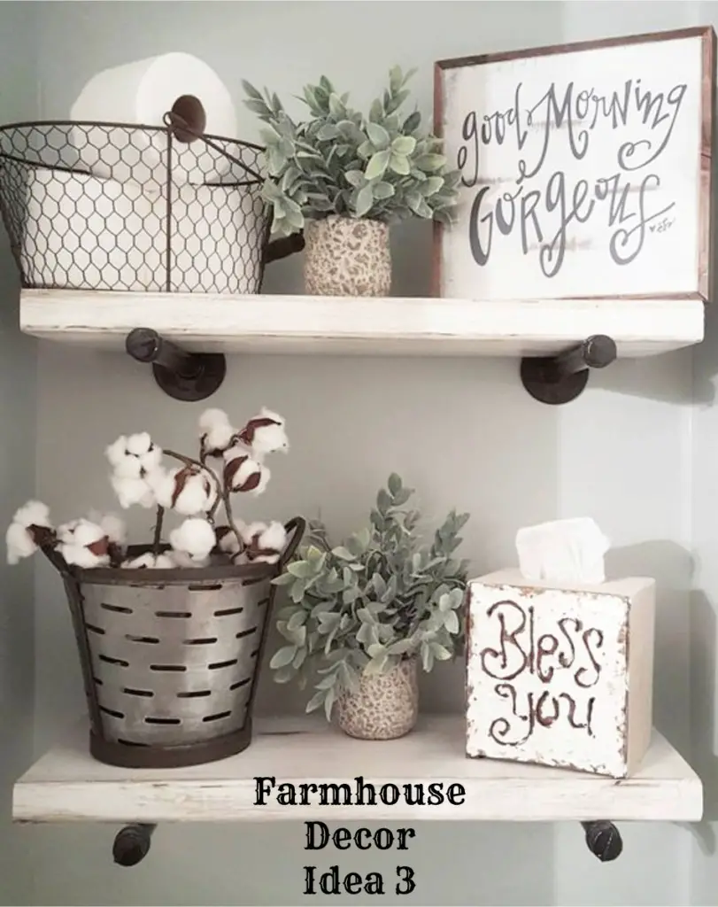 Floating shelves in a farmhouse style bathroom - Clutter-free Farmhouse Decor Ideas #farmhousedecorating #rusticfarmhouse #diydecor #homedecorideas #diyhomedecor #farmhousestyle #farmhousedecorideas #decoratingideas #kitchenideas #livingroomideas #bedroomideas #bathroomideas #laundryroomideas