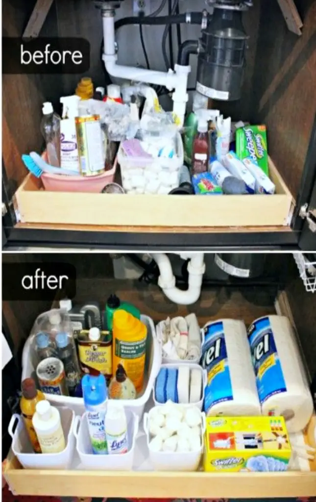 Organize under the kitchen sink - before and after pictures and under sink organizing ideas #gettingorganized #organizationideasforthehome #getorganized #cleaninghacks #kitchenideas #cleaningtricks #organizedhome #diyideas #diyinspiration #organizingtips