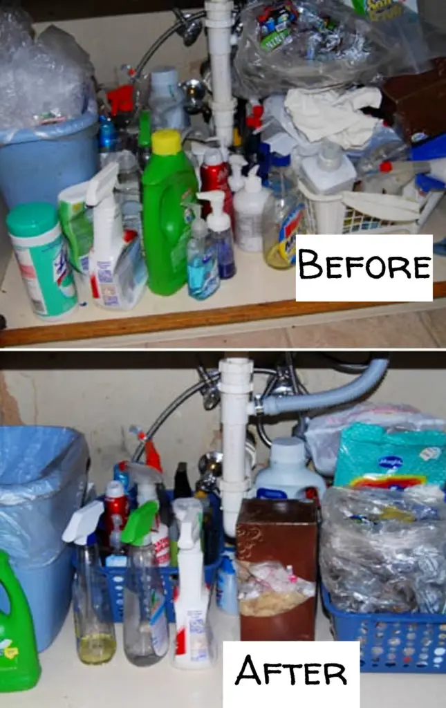 Organize under the kitchen sink - before and after pictures and under sink organizing ideas #gettingorganized #organizationideasforthehome #getorganized #cleaninghacks #kitchenideas #cleaningtricks #organizedhome #diyideas #diyinspiration #organizingtips