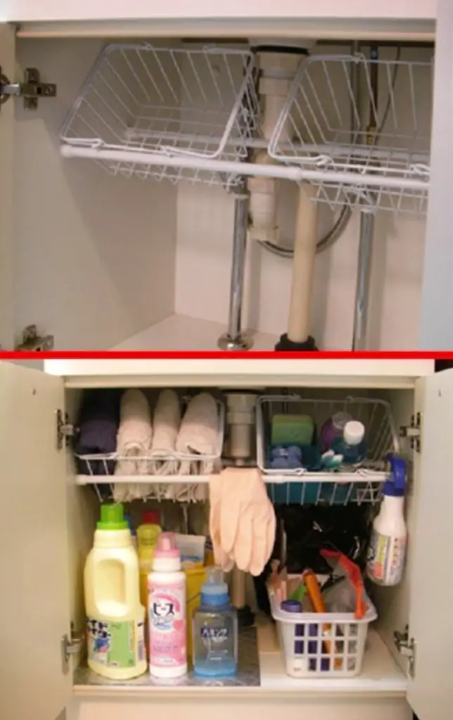 Organize under the kitchen sink - before and after pictures and under sink organizing ideas #gettingorganized #organizationideasforthehome #getorganized #cleaninghacks #kitchenideas #cleaningtricks #organizedhome #diyideas #diyinspiration #organizingtips