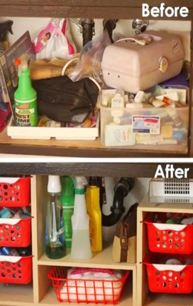 Organize under the kitchen sink - before and after pictures and under sink organizing ideas #gettingorganized #organizationideasforthehome #getorganized #cleaninghacks #kitchenideas #cleaningtricks #organizedhome #diyideas #diyinspiration #organizingtips