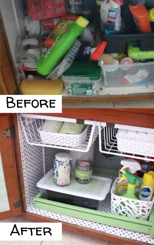 Organize under the kitchen sink - before and after pictures and under sink organizing ideas #gettingorganized #organizationideasforthehome #getorganized #cleaninghacks #kitchenideas #cleaningtricks #organizedhome #diyideas #diyinspiration #organizingtips