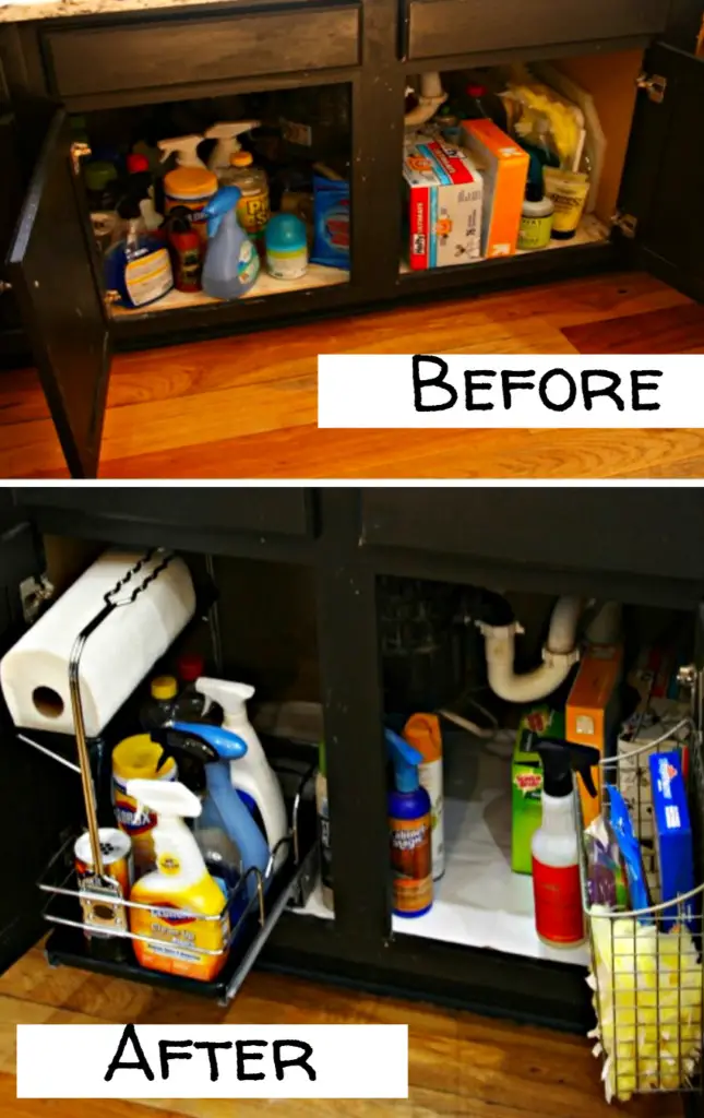 Organize under the kitchen sink - before and after pictures and under sink organizing ideas #gettingorganized #organizationideasforthehome #getorganized #cleaninghacks #kitchenideas #cleaningtricks #organizedhome #diyideas #diyinspiration #organizingtips