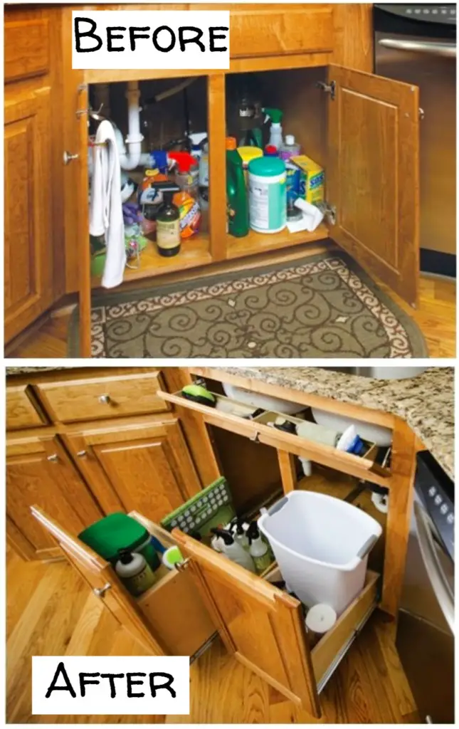 Organize under the kitchen sink - before and after pictures and under sink organizing ideas #gettingorganized #organizationideasforthehome #getorganized #cleaninghacks #kitchenideas #cleaningtricks #organizedhome #diyideas #diyinspiration #organizingtips