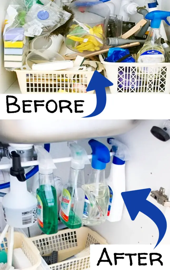 Organize under the kitchen sink - before and after pictures and under sink organizing ideas #gettingorganized #organizationideasforthehome #getorganized #cleaninghacks #kitchenideas #cleaningtricks #organizedhome #diyideas #diyinspiration #organizingtips