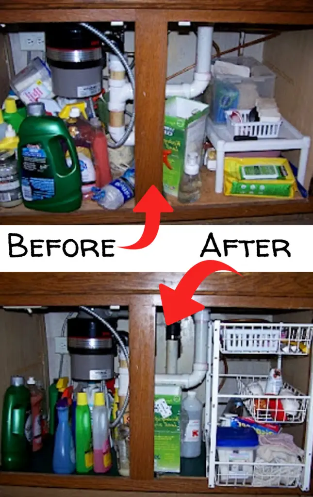 Organize under the kitchen sink - before and after pictures and under sink organizing ideas #gettingorganized #organizationideasforthehome #getorganized #cleaninghacks #kitchenideas #cleaningtricks #organizedhome #diyideas #diyinspiration #organizingtips