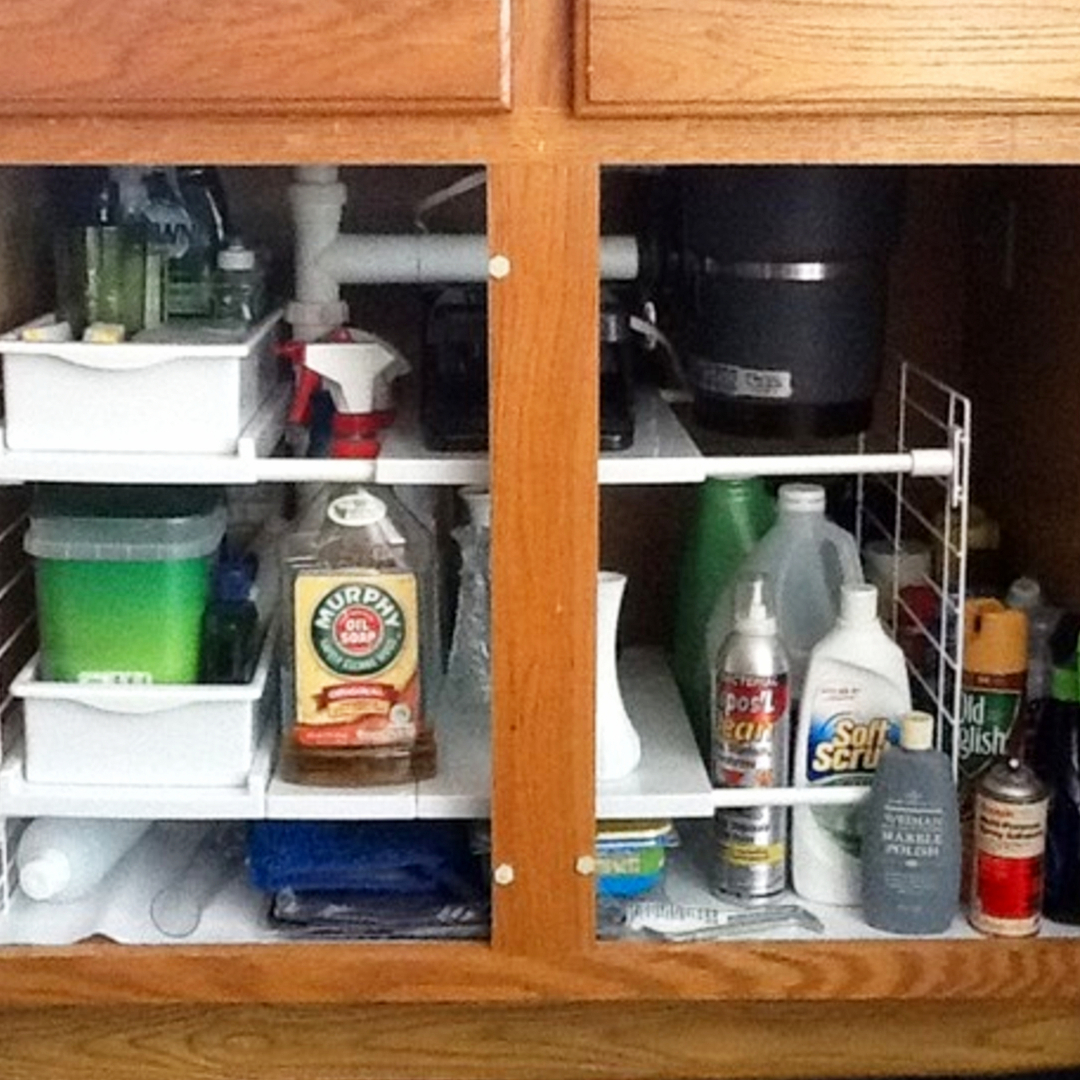 Under kitchen sink organization ideas even with garbage disposal #gettingorganized #kitchenideas #organizationideasforthehome