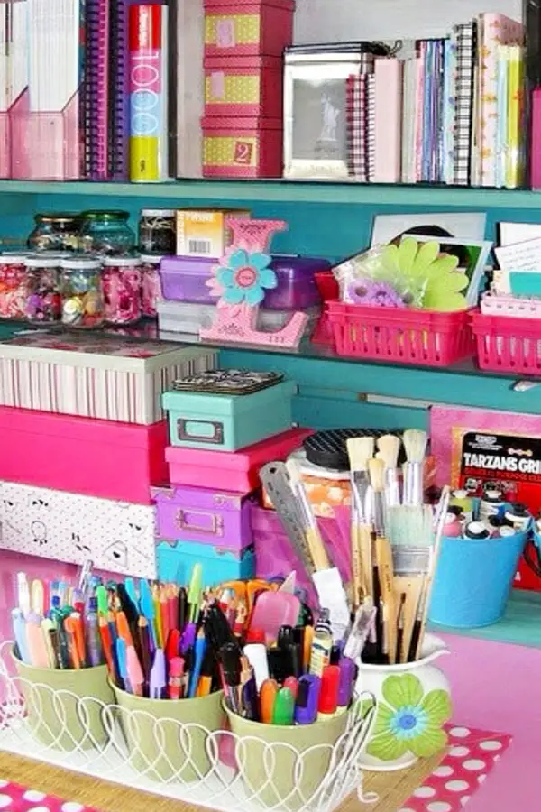 Home organization tips and useful life hacks I love! Use baskets, bins, bright colored buckets and shelves for organizing life.  When you're getting organized make staying organized easier with pretty and clever cleaning hacks like these.  Great for home office organization, college dorm organization and organizing ideas for all rooms.