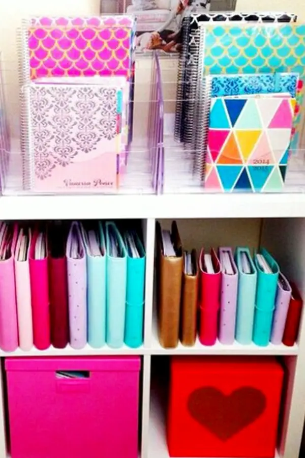 Home organization tips and useful life hacks I love! Use baskets, bins, bright colored buckets and shelves for organizing life.  When you're getting organized make staying organized easier with pretty and clever cleaning hacks like these.  Great for home office organization, college dorm organization and organizing ideas for all rooms.