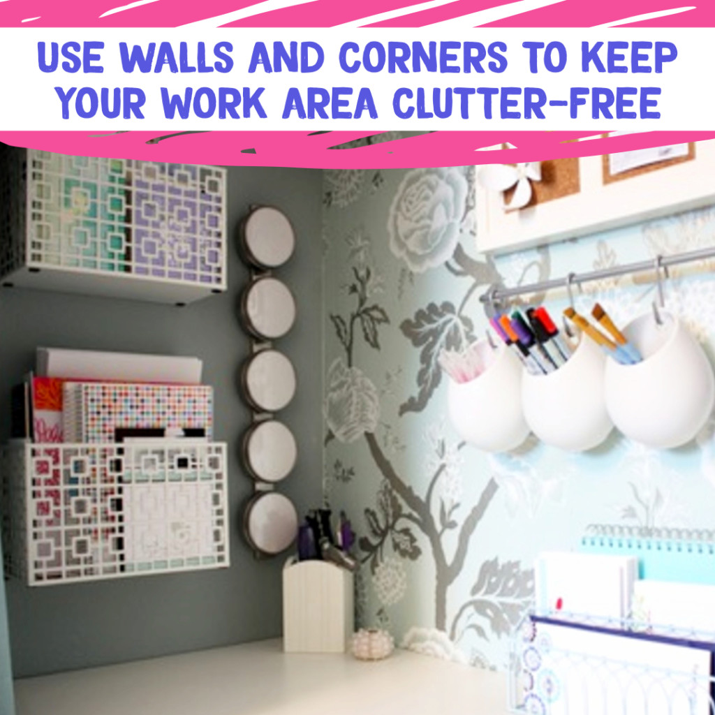 Desk Organization and Home Office Organization ideas - if you have limited storage space in your home office or desk area, hang things on walls to keep desk area clutter free