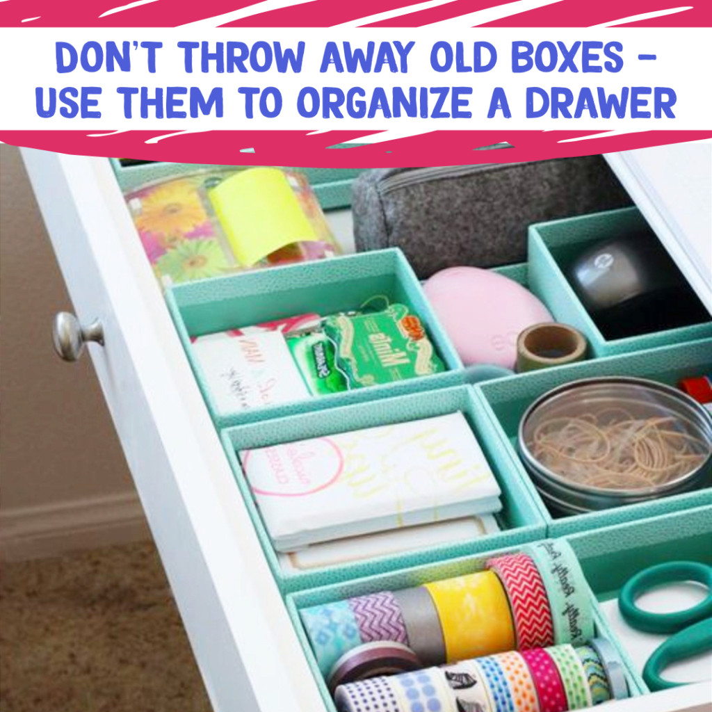 Desk Organization and Home Office Organization ideas - use old boxes to organize desk drawers