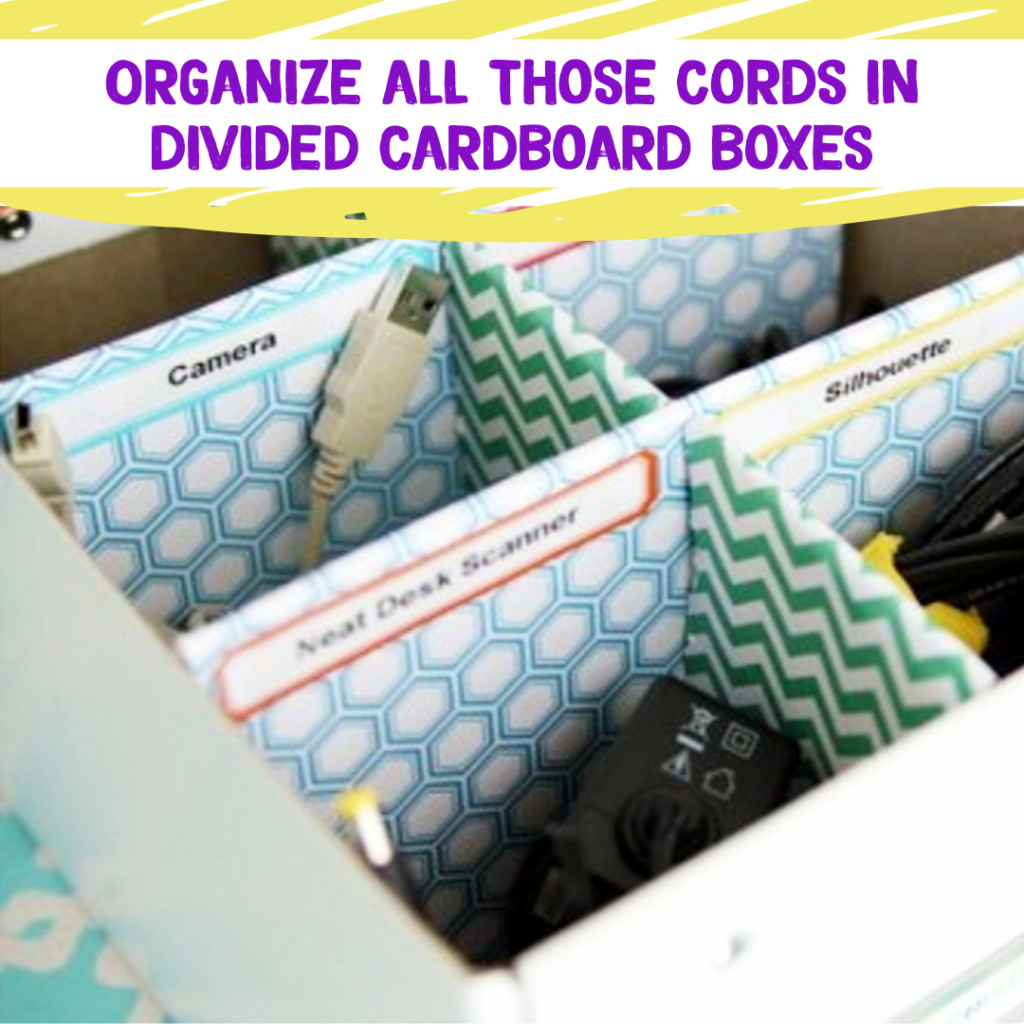 Desk Organization and Home Office Organization ideas - declutter and organize electronics cords with DIY box organizers