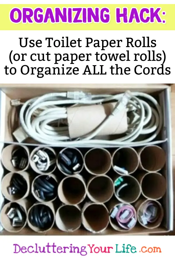 Organization hacks for your junk drawer! Use old toilet paper rolls to organize and delcutter phone chargers and electronics cords