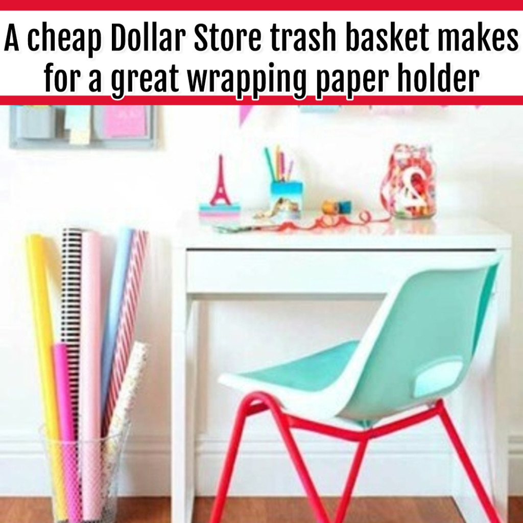 Organize Wrapping Supplies and Wrapping Paper - Organization Ideas: use a cheap dollar store waste basket to organize wrapping paper