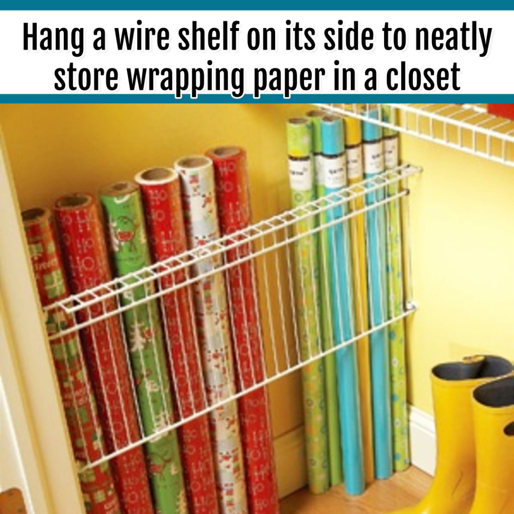 Organize Wrapping Supplies and Wrapping Paper - Organization Ideas: BRILLIANT life hack - turn a wire shelf on its side for closet organization of wrapping paper