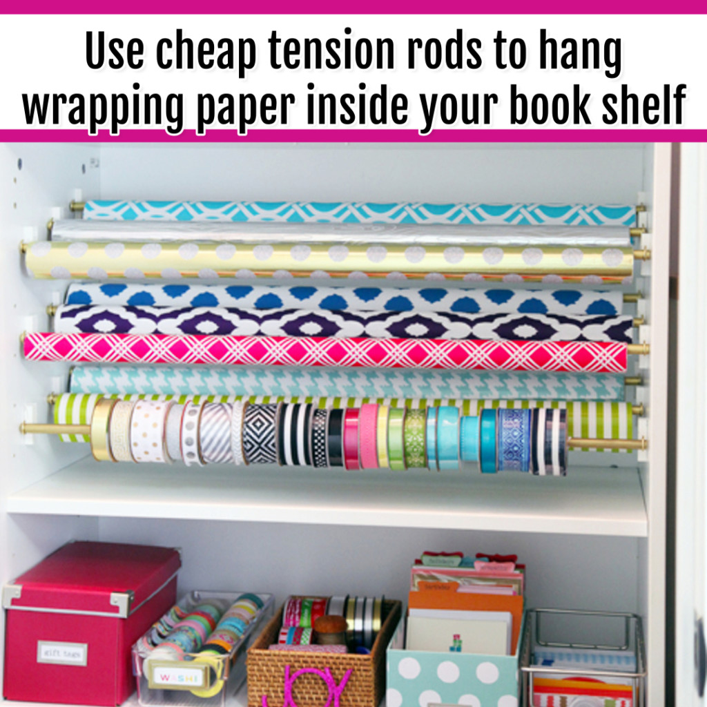 Organize Wrapping Supplies and Wrapping Paper - Organization Ideas: Use tension rods inside your bookshelves to organize wrapping paper and ribbon