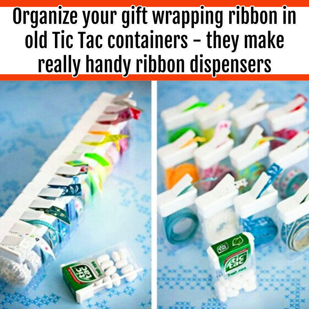 Organize Wrapping Supplies and Wrapping Paper - Organization Ideas: clever life hack : use old tic tac containers to organizer craft and wrapping ribbon