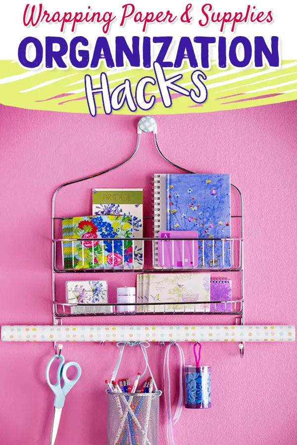 Wrapping Paper Storage Ideas - DIY wrapping paper storage for small spaces on a budget (with Dollar Tree and Dollar Store organizers) Storage ideas for rolls of wrapping paper and gift wrapping clutter - Wrapping paper storage ideas - how to store wrapping paper DIY ideas - decluttering gift bags - gift bow storage ideas - gift tissue paper storage ideas 