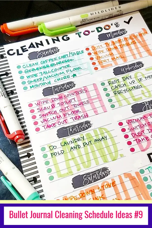 Bullet Journal Cleaning Schedule Layout Ideas and PICTURES - LOVE these bullet journal ideas for keeping track of my cleaning checklists and my hoe maintenance needs to keep my home clean and organized WITHOUT feeling overwhelmed!