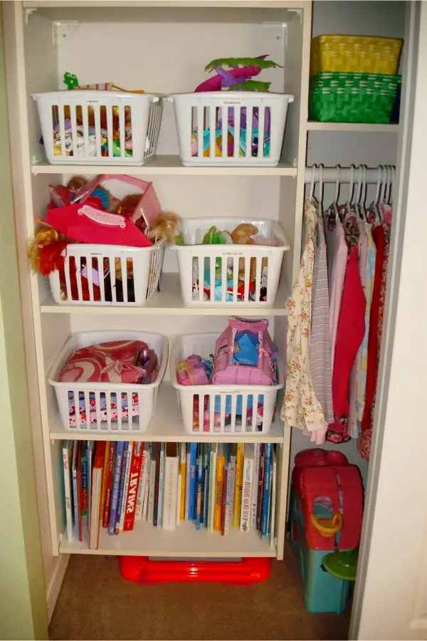 Organizing with baskets - kids closet