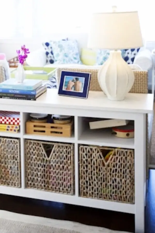 Organizing with baskets in a small living room