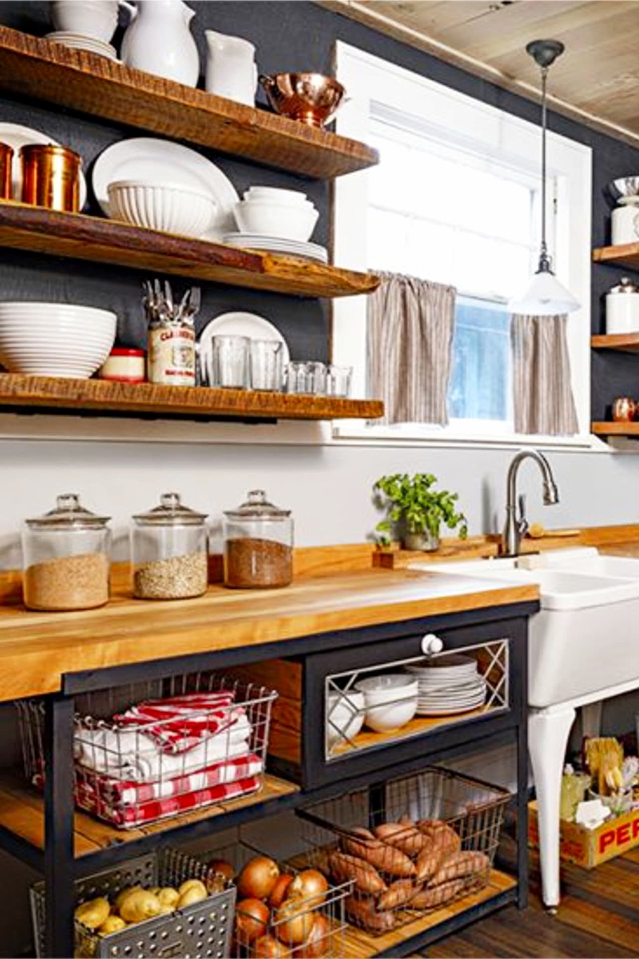 Farmhouse kitchen open shelves and cabinets - rustic farmhouse kitchen organization ideas - Kitchen organization open shelving