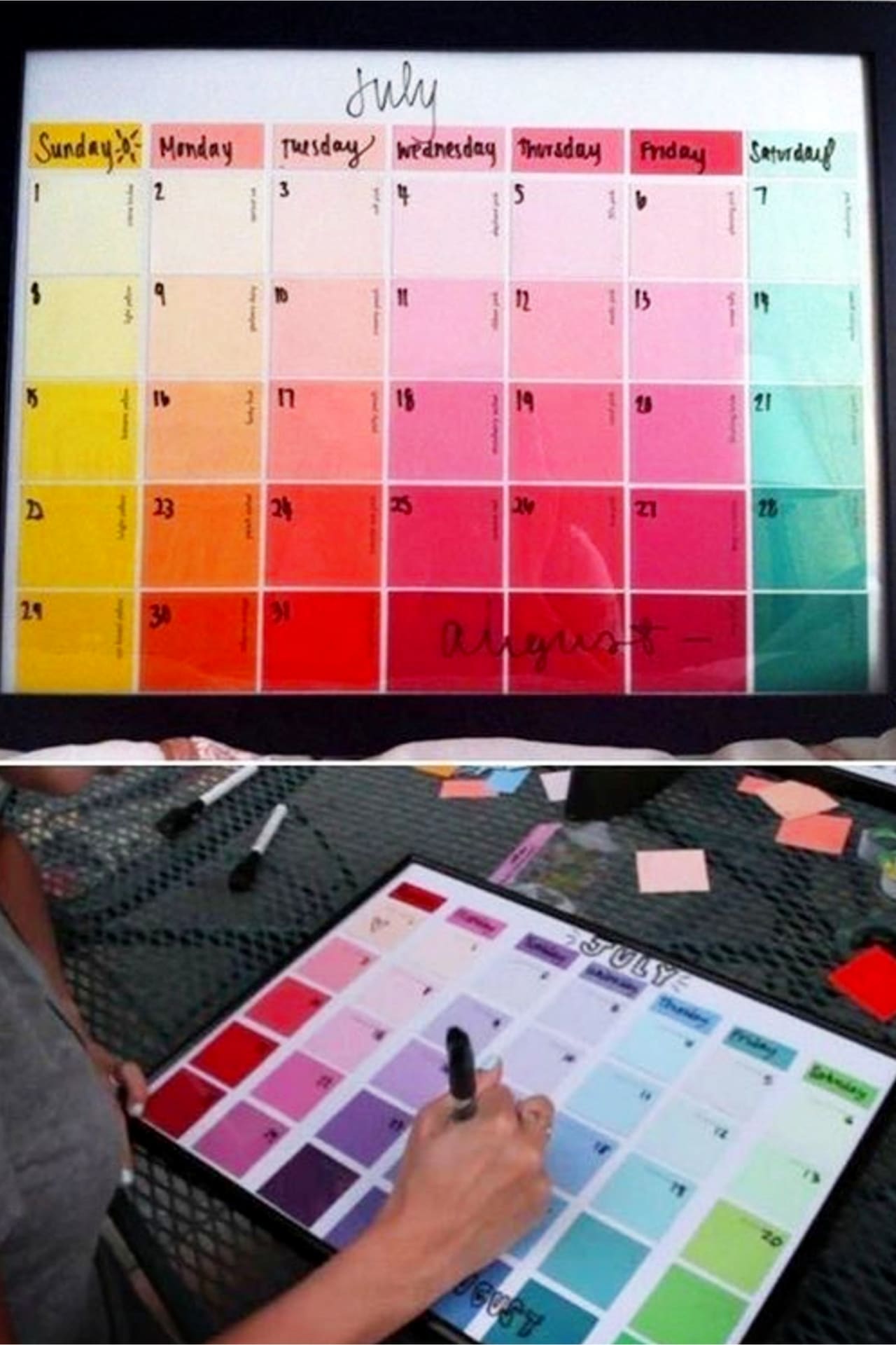 Organize with household items, dollar tree items and everyday objects - DIY wipe off paint chip calendar