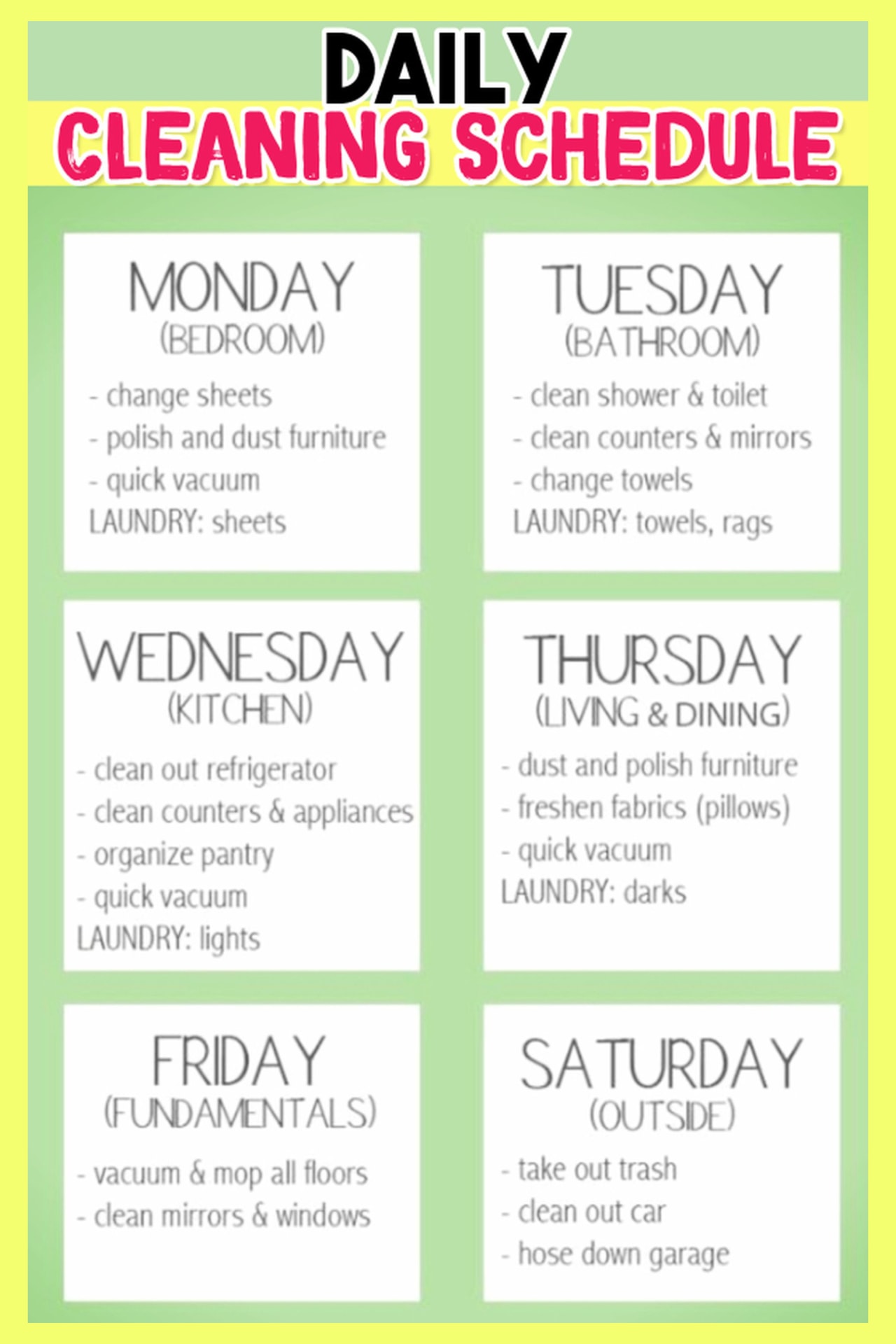 Daily house cleaning schedule - This daily cleaning checklist chart will help you stop feeling overwhelmed by clutter and your messy house and keep your house neat, clean and organized