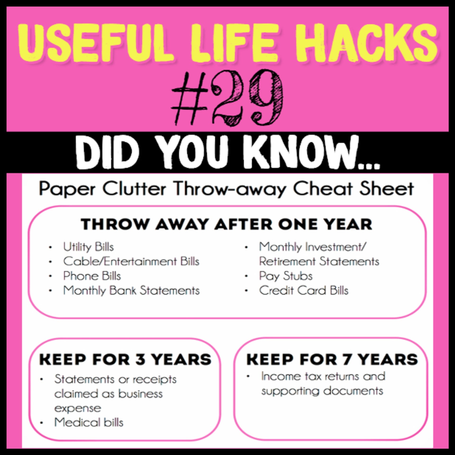 Keeping important documents tips - how long to keep documents and more paper clutter solutions - paper clutter throw-away cheat sheet and more Useful Life Hacks - MIND BLOWN!  Households life hacks and good to know hacks tips and lifehacks - these household hacks, cleaning tips & tricks are such helpful hints and life changing lifehacks