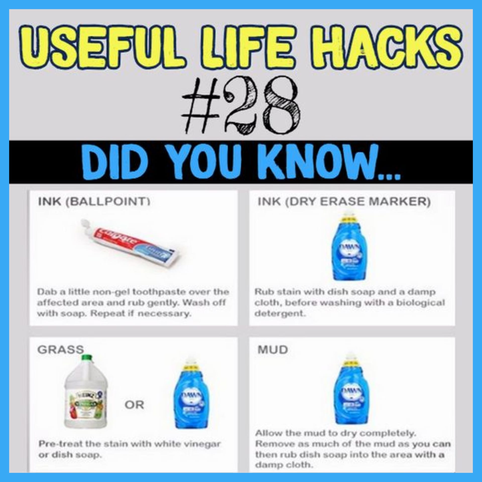 Useful Life Hacks - MIND BLOWN!  Households life hacks and good to know hacks tips and lifehacks - these household hacks, cleaning tips & tricks are such helpful hints and life changing lifehacks every girl should know.  stain removal cheat sheet - laundry hacks - dawn dish soap uses