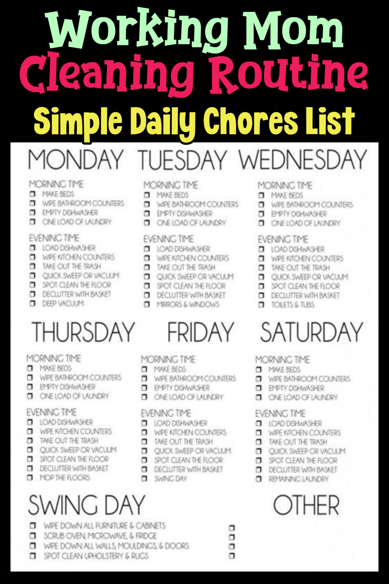 Working mom cleaning routine and cleaning schedule for working moms or working parents - simple daily chores to do each day and each night to keep your house cleaning - easy cleaning schedules for busy moms - printable cleaning schedule, cleaning checklists and cleaning routines