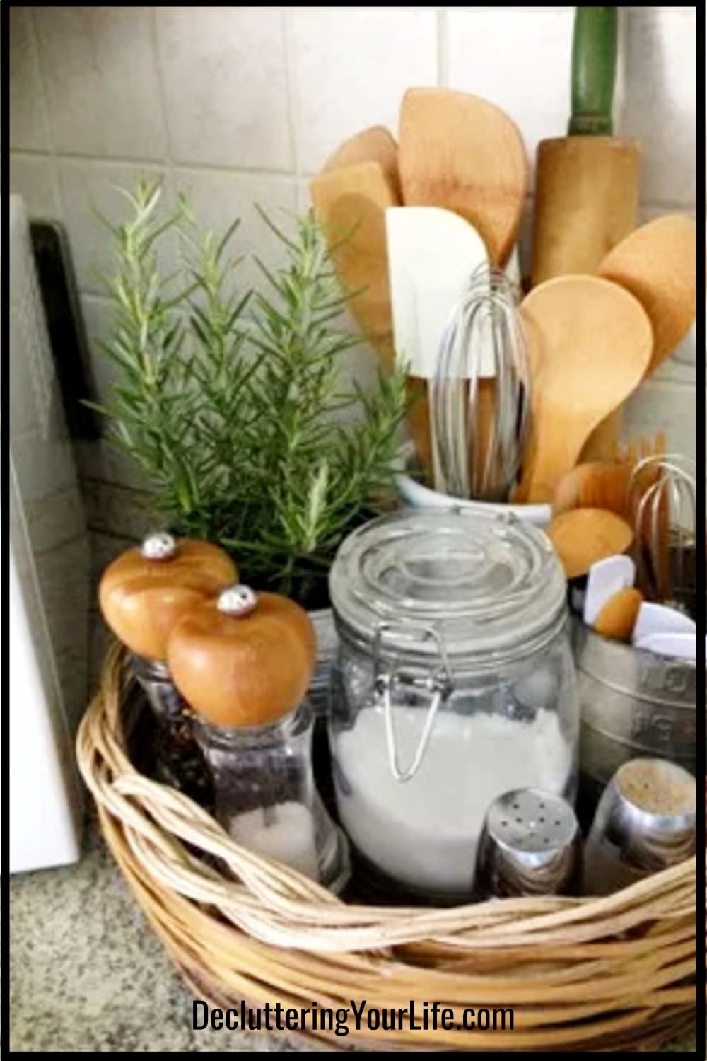 using cheap baskets to organize kitchen counter