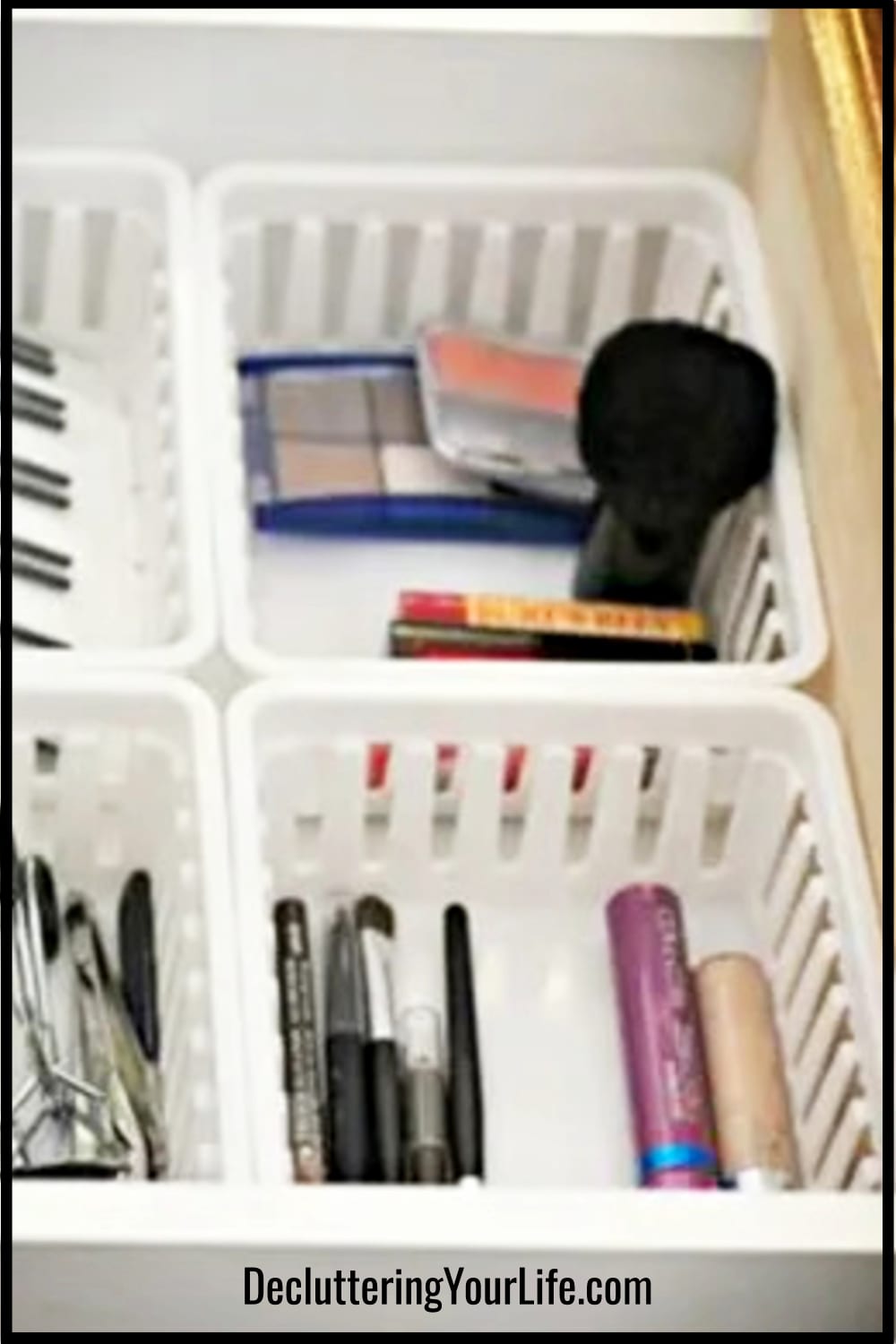 bathroom drawers with cheap Dollar Store baskets to organize makeup