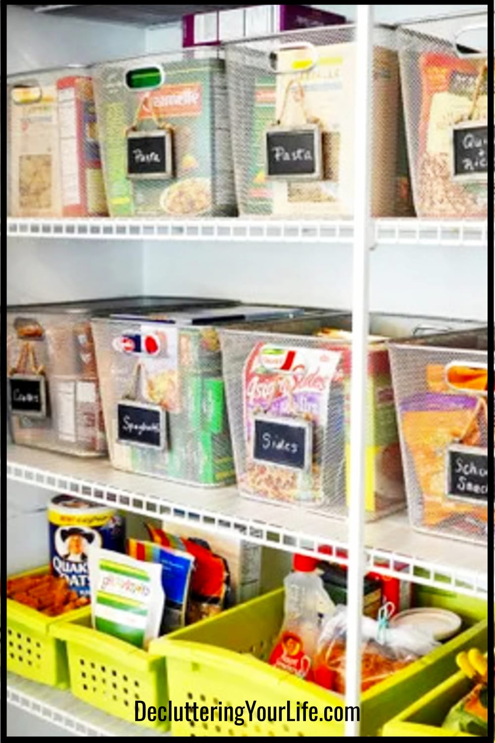 pantry organized with wire baskets