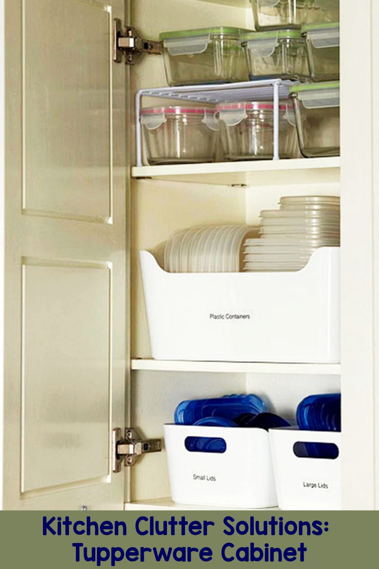 kitchen clutter solutions: declutter kitchen cabinets.  Organize your tupperware and plastic containers for an uncluttered kitchen on a budget