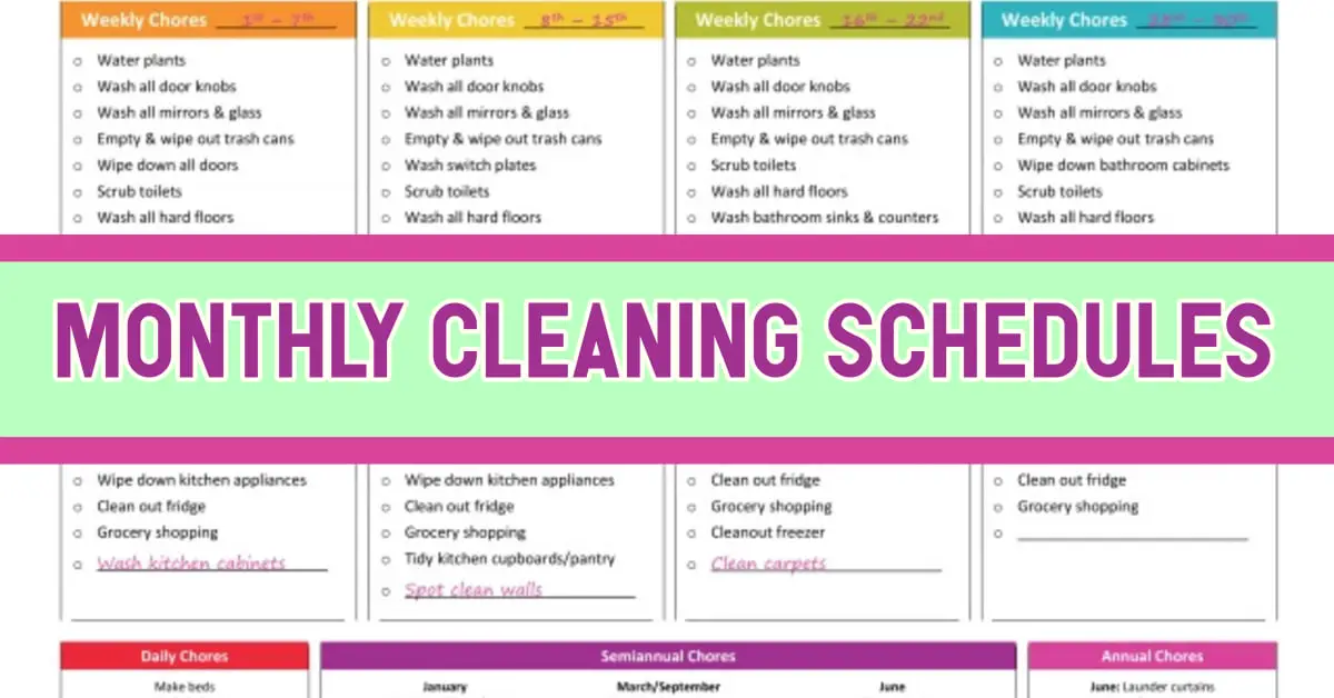Monthly Cleaning Schedule - printable monthly cleaning checklist pdf, working womens housekeeping schedule, house cleaning schedule daily weekly monthly pdf checklist, free pdf template, family, easy house cleaning schedule routine, household chores, housekeeping schedules and checklists