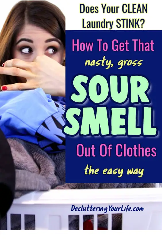 Do your clothes smell sour even AFTER washing? Here's how to get sour smell out of clothes and towels the easy way - easy and CHEAP solutions for when your clothes smell sour after washing or you left wet clothes in the washing machine and they STINK