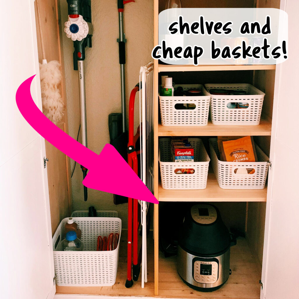 apartment organization on a budget - cheap dollar tree baskets and shelves to maximize storage space in a tiny apartment or rental house