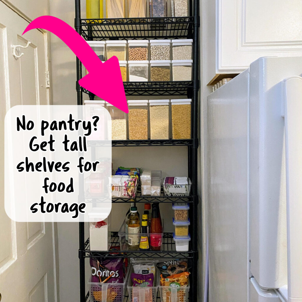 apartment storage hacks - no pantry in kitchen? Try this pantry alternative for food storage in a tiny rental apartment kitchen