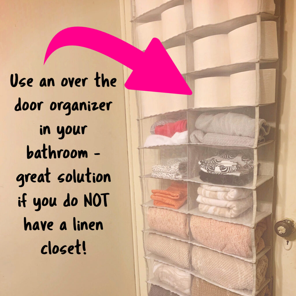 apartment storage ideas - no line closet solution to store linens and bathroom items in a tiny rental bathroom