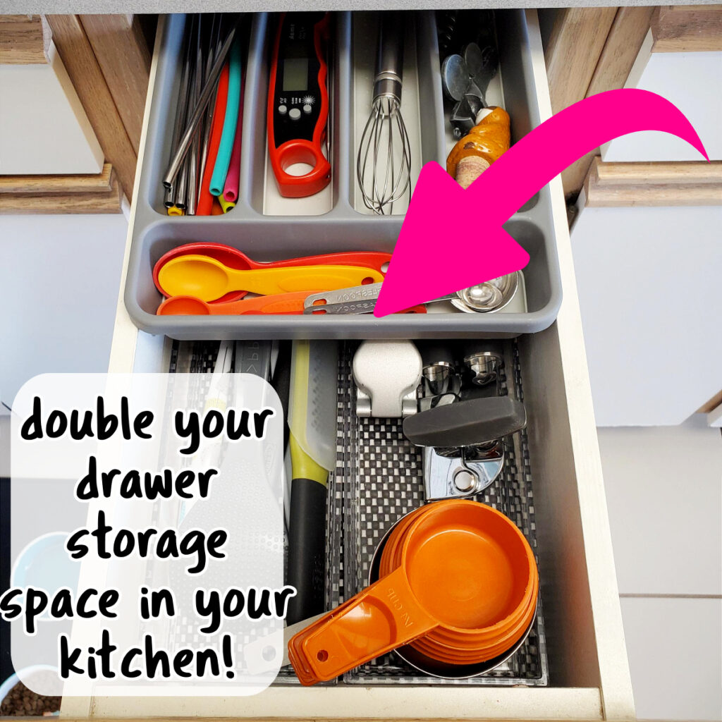clever storage ideas for small apartments - DOUBE tiny kitchen storage space using layered organizers in kitchen drawers