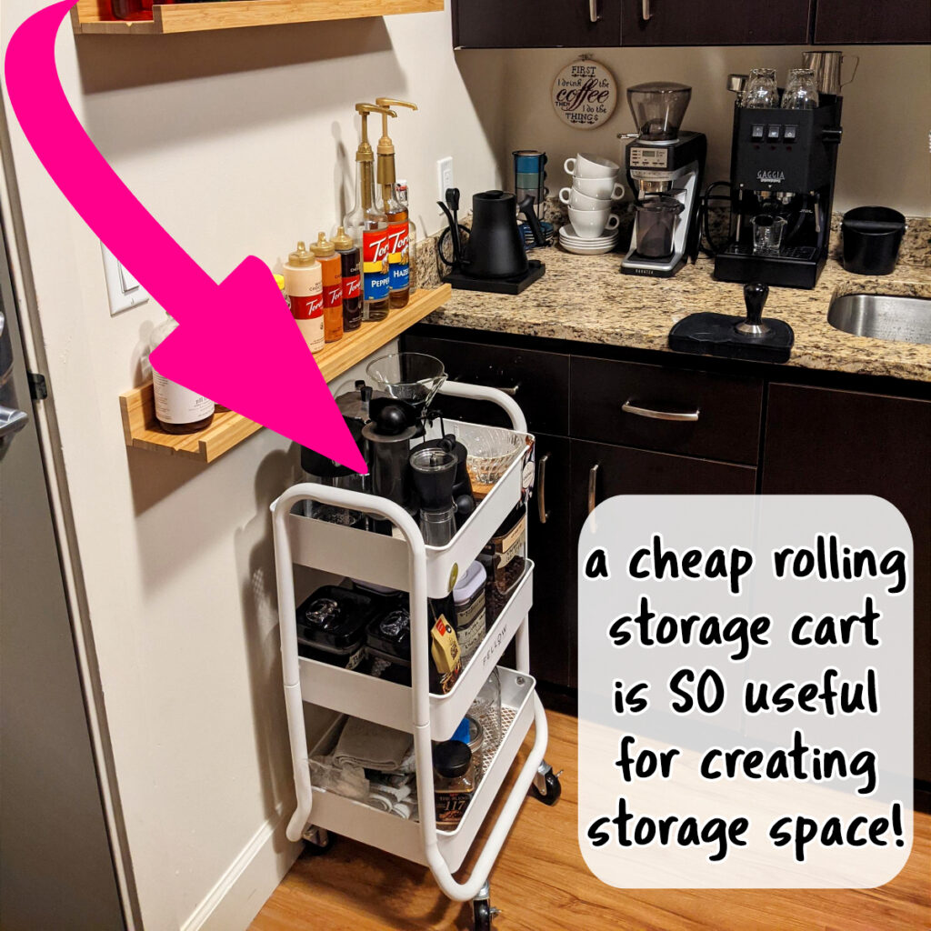 life hacks for small apartments - this tiny rental kitchen created more storage space with a cheap organizer cart