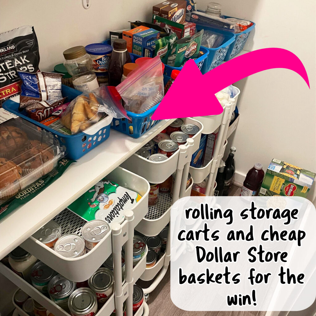 small apartment organization hacks - storage shelf carts and cheap baskets to organize small pantry