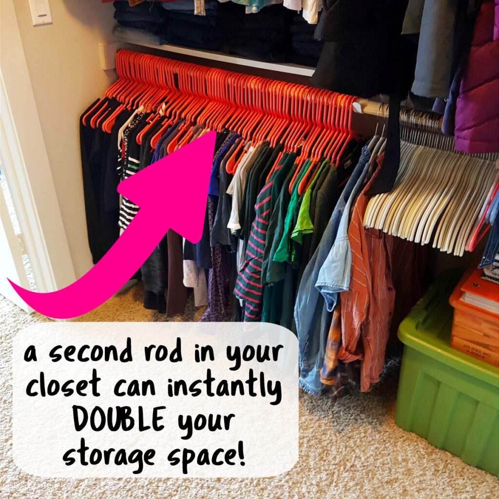 storage solutions for small apartments - double closet storage space by adding a second closet rod for hanging clothes